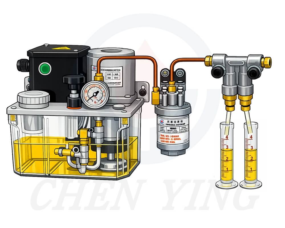 Piping diagram for an electric pressure-relief lubricator paired with a filter and volumetric distributors.
